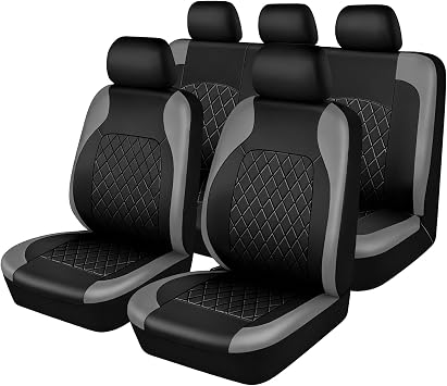 Leather Car Seat Cover Full Set, Universal Size Front Rear Covers Grey | Waterproof Airbag Compatible Car Seat & Headrest Covers, Seat Cushion Compatible with Ford Focus Peugeot VW Tiguan