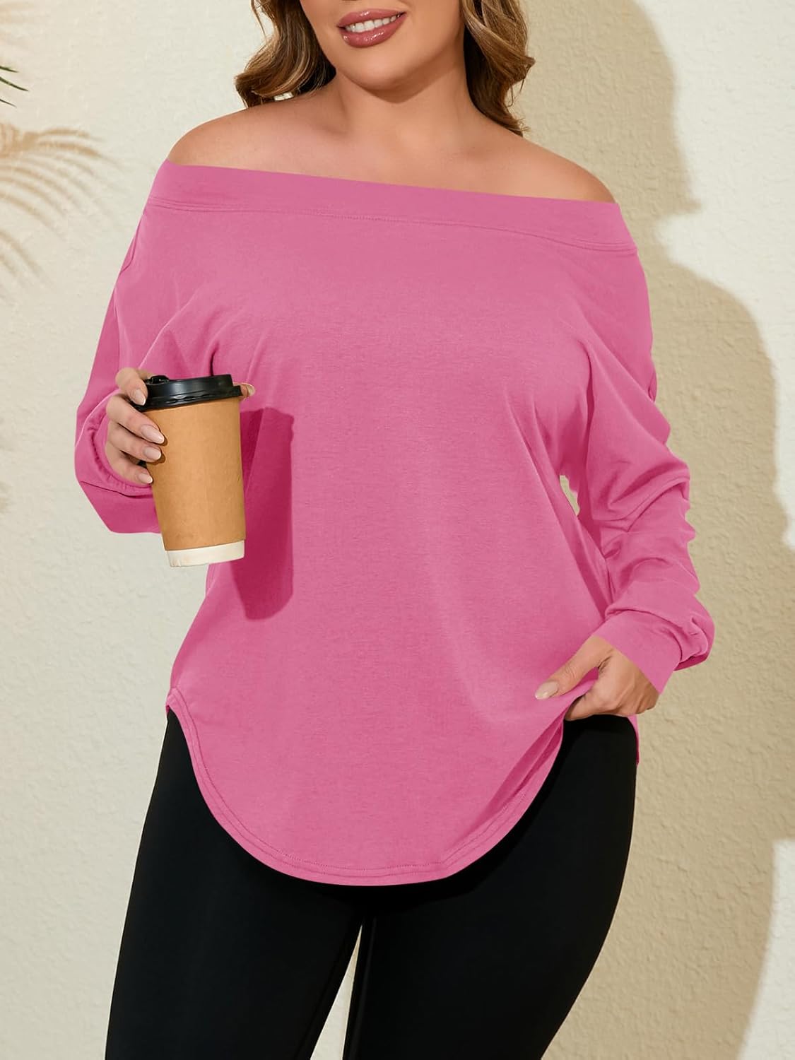 Beautife Women's Plus Size Tops Off Shoulder Long Sleeve Loose T Shirts Casual Curved Hem Tunics Tee Shirt - Image 3