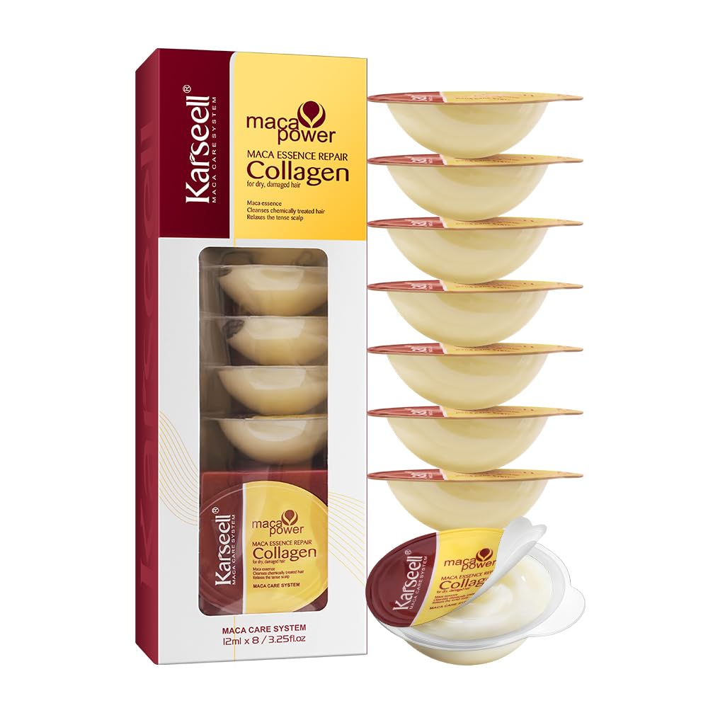 Hair Mask Collagen 12ml x 8 Packs Travel-Sized, Maca Essence Deep Repair Treatment, for Dry Damaged Hair All Types