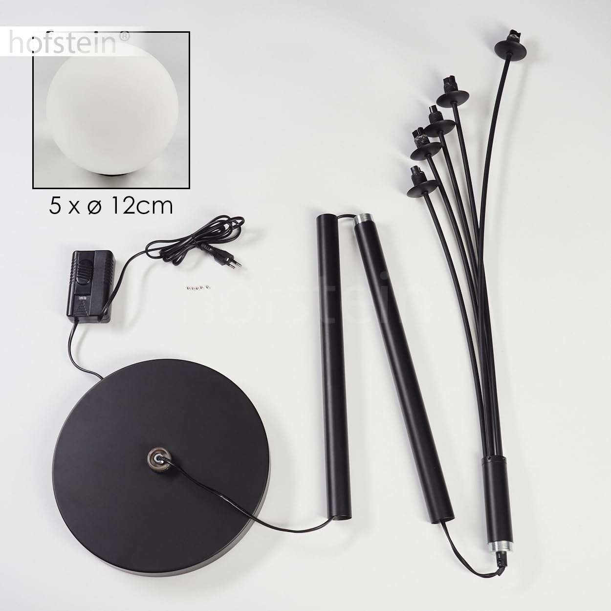 Stehleuchte Bernado, dimmbare Stehlampe aus Metall/Glas in Schwarz/Milchglas, Standleuchte mit Glaskugeln (Ø 12 cm), Höhe 174,5 cm, stufenlos dimmbar über Fußschalter, 5 x G9, ohne Leuchtmittel