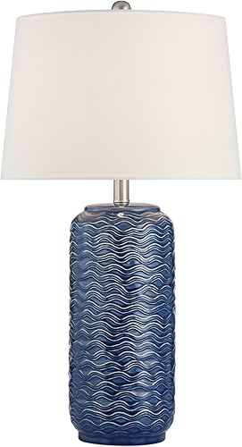 Miniatura 8 de 360 Lighting Waves - Juego de 2 lámparas de mesa costeras modernas de 26 12 pulgadas de alto, tela de cerámica azul, pantalla blanca, sala de estar,