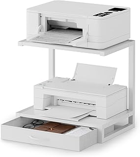 Soporte para Impresora de Escritorio de 2 Niveles con cajón de Tela y Estante Abierto, Mesa con Almacenamiento para Impresora, Oficina en casa, Impresora 3D, fax, escáner, Blanco