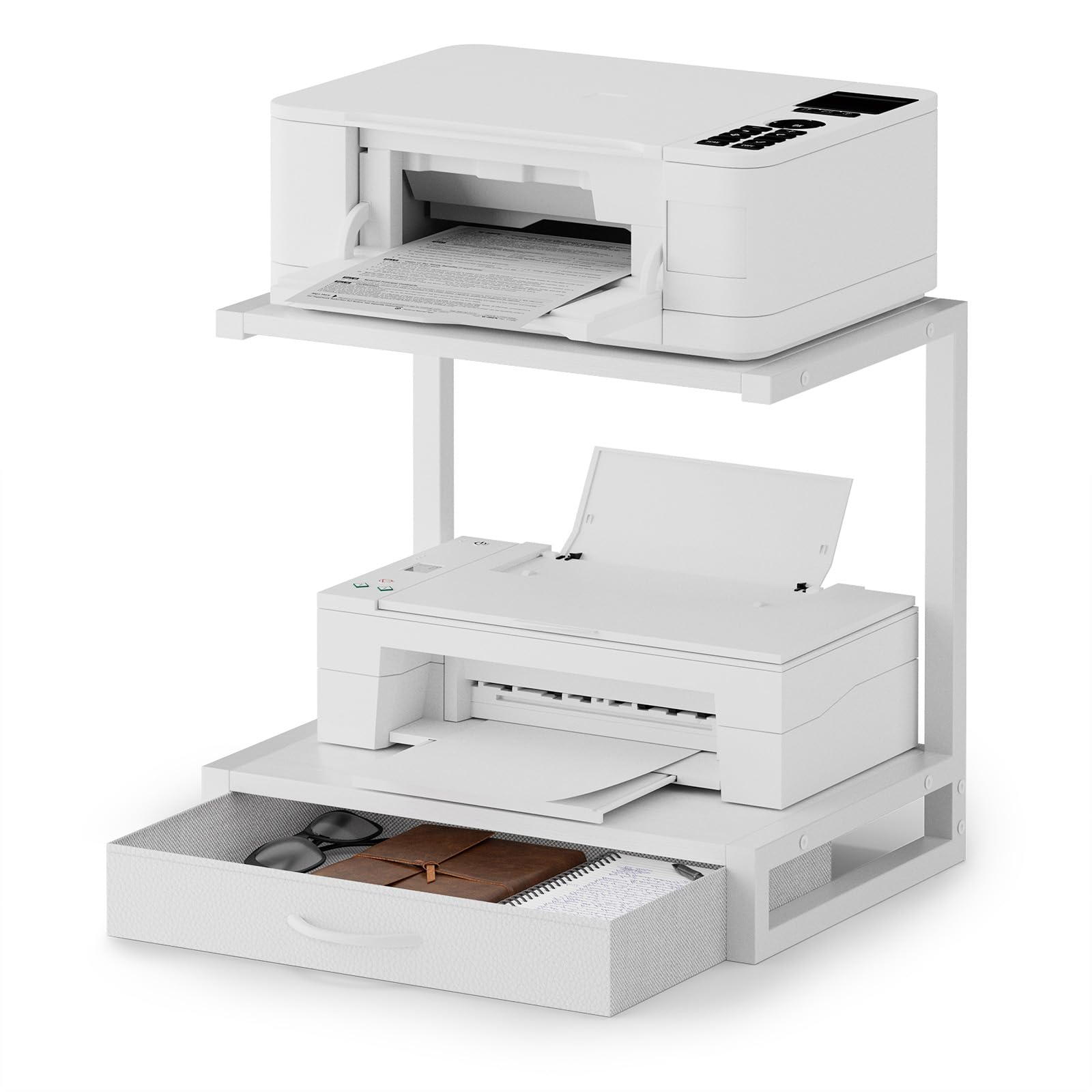 OYRREU 2-Tier Desktop Printer Stand with Fabric Drawer and Open Shelf, Printer Table with Storage for Home Office 3D Printers
