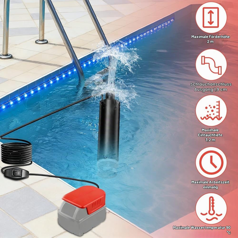 Akku Wasserpumpe, Mini Tauchpumpe, Wasserpumpe Klein für Milwaukee 18V Akkus, Pumpe Wasser für Keller, Pool, Gartenbewässerung, Autowäsche (KEIN Akku)