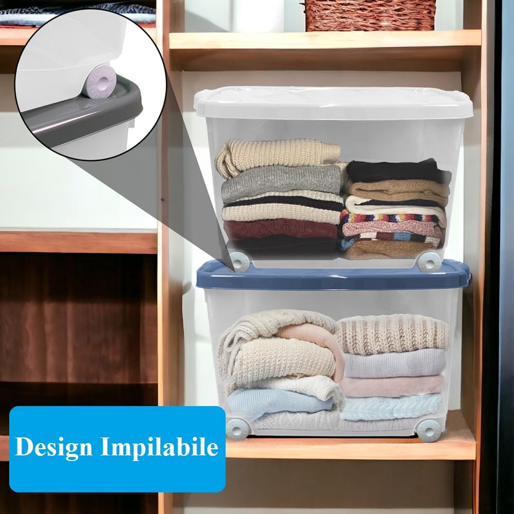 VIRSUS 3 Contenitori Multiuso con Ruote 701, misura 60x40x36 cm e capacità 55 Lt, Porta biancheria Trasparente, Organizer con coperchio, box salvaspazio per Scarpe, Vestiti, Giocattoli (Verde)