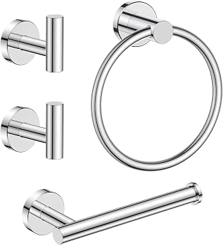 FORIOUS 4 Piece Bathroom Accessories, SUS304 Stainless Steel Toilet Paper Holder, Towel Ring and 2 Towel Hooks, Wall Mounted Bathroom Hardware Set Chrome