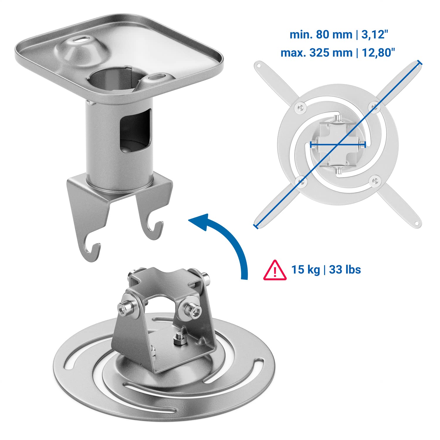 Support Plafond Universel Pour Projecteur DeleyCON | Pivot 360° - Inclinaison ±25° - Charge 15kg - Gestion Câbles - Blanc
