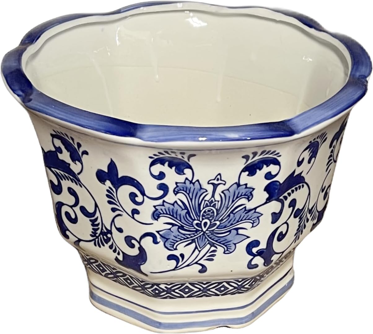 10.5" Diameter Octagon Shape Scalloped Top Oriental Lotus Flowers & Vine Blue & White Ceramic Planter Plant Pot with Drain Hole