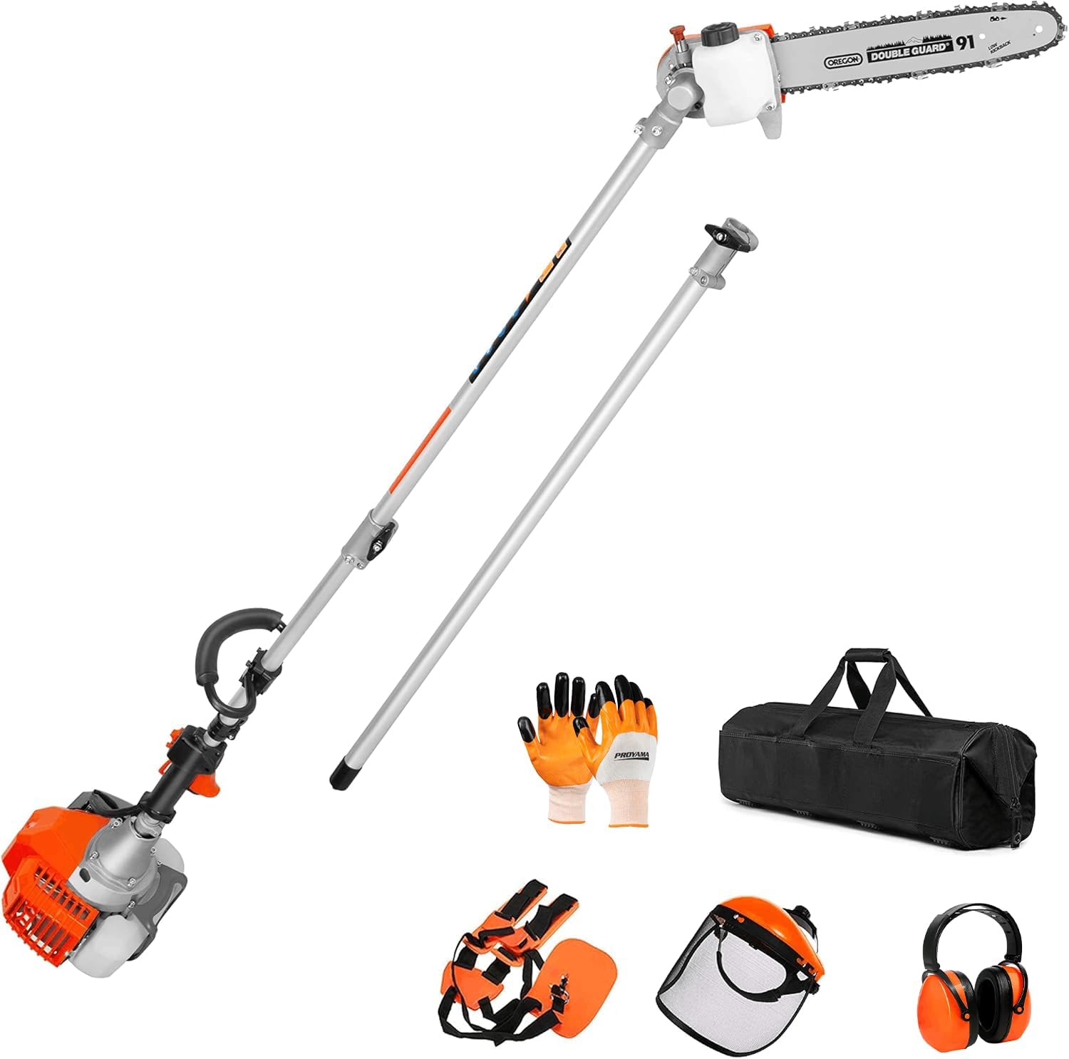 PROYAMA90-180 Degree 42.7cc Head Adjustable Pole Chainsaw for Tree Trimming with 12 inch OREGON Cutting Bar & OREGON Chain 43-inch Extension for a 15ft Reach Gas Cordless Pole Saw