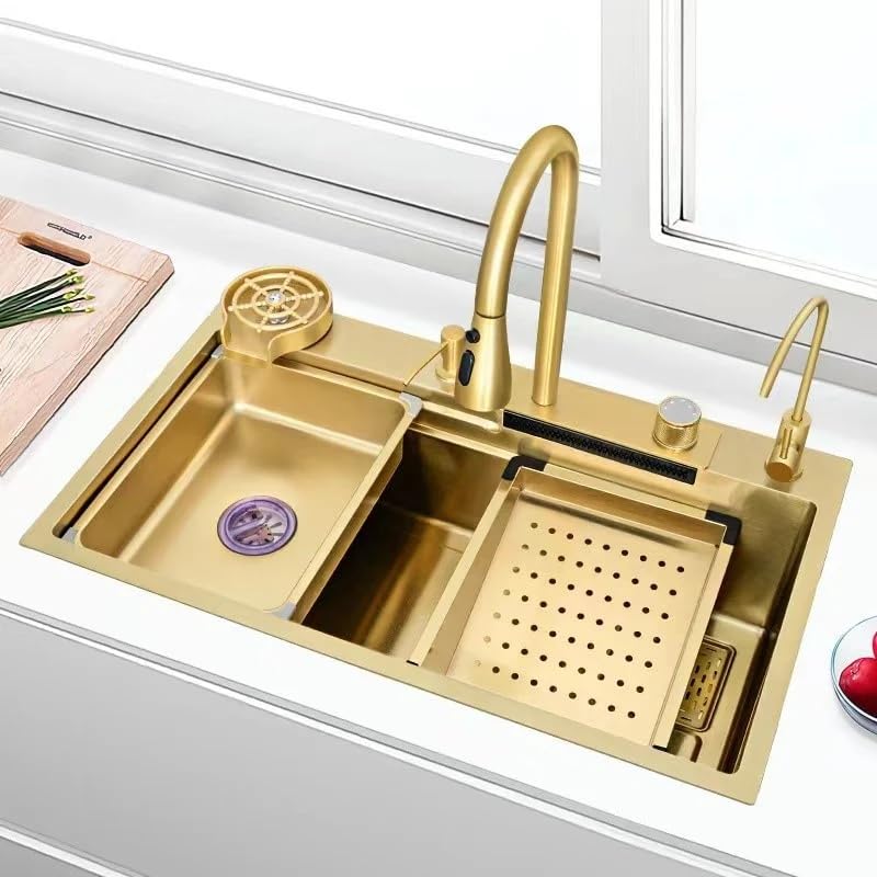 InArt Waterfall Kitchen Sink Nano Stainless Steel Single Bowl Brushed Gold 30x18 Inches with Pull-out and Waterfall Faucet, RO Tap, Glass Rinser Washer, Drain Basket, Handmade Multi-purpose Sink (B0D9S3KDX4) Amazon Price History, Amazon Price Tracker
