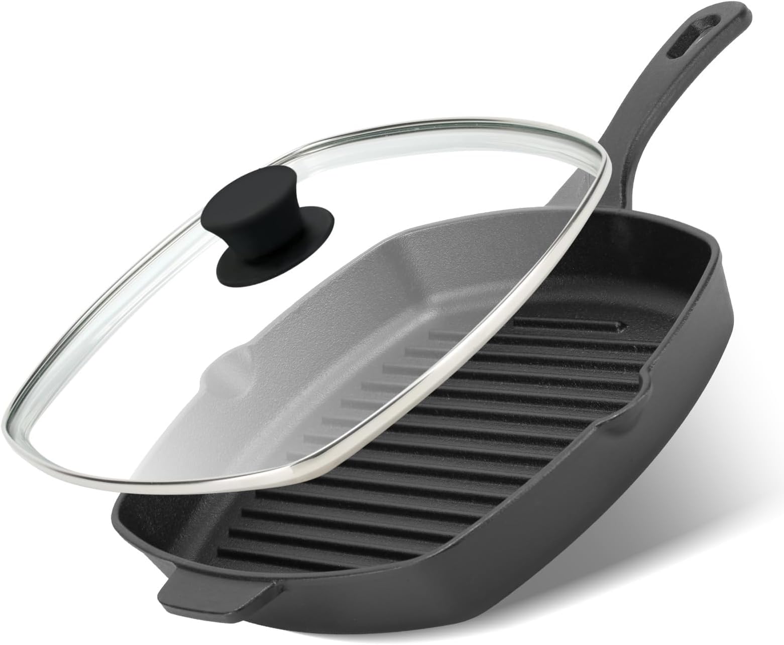 Northriver Casting 10.5 Inch Cast Iron Square Grill Pan with Tempered Glass Lid, Heavy Steak & Bacon Pans for Stove Tops