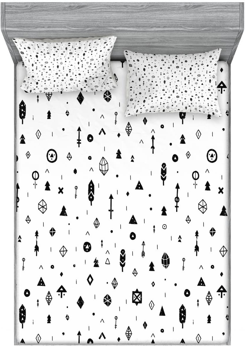 Ambesonne Tribal Fitted Sheet & Pillow Sham Set, Plain Background with Arrows Feathers and Aztec Native Style Geometric Print, Decorative Printed 6 Piece Bedding Decor Set, Full, White Black
