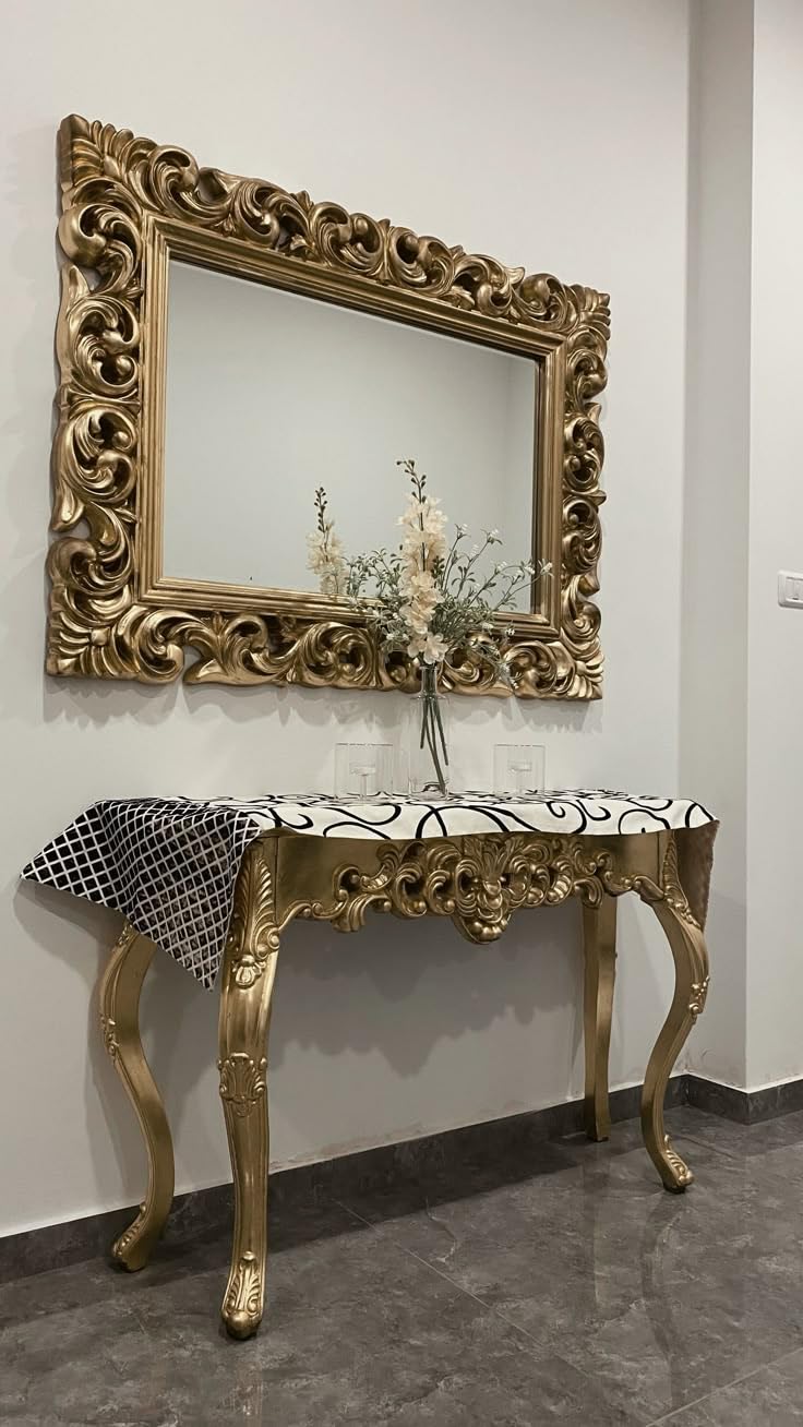 Wooden Mirror Frame for Home Living Room Bedroom Console, Wall Hanging Vintage Design Hand Carved Frame, Antique Gold Color, 3ftx2ft, Without Mirror-image-36