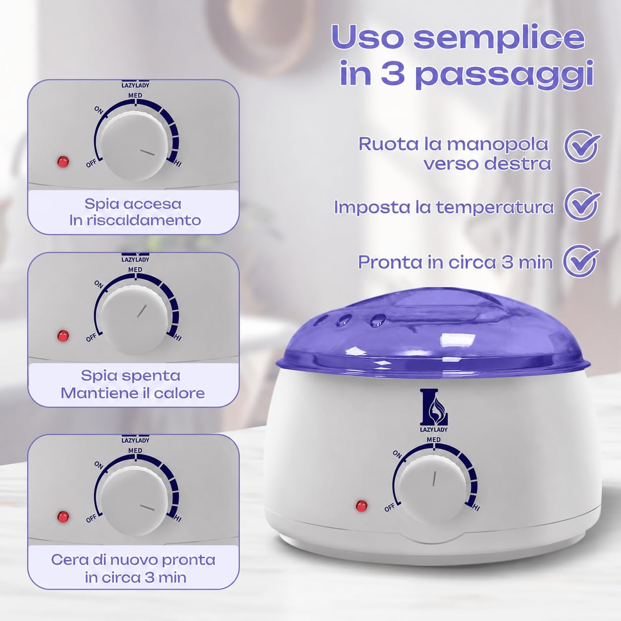 Scaldacera Professionale per Ceretta a Caldo, Kit Cera Brasiliana Completo con 4 Cere, Scalda Cera Elettrico per Depilazione a Casa, Viso, Ascelle, Gambe e Corpo, Viola (bianco)