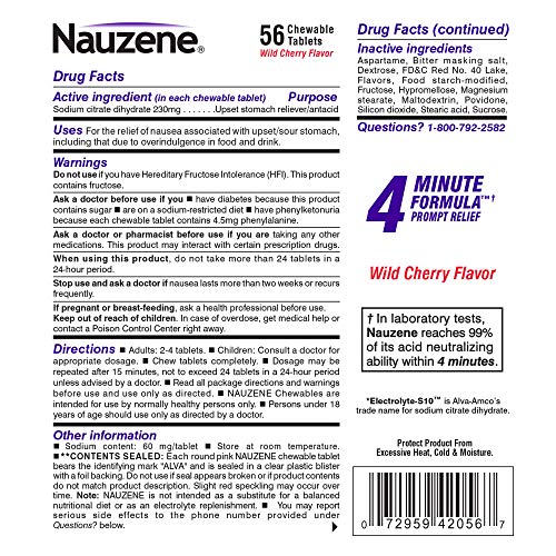 Image of Nauzene Non-Drowsy Upset Stomach & Nausea Relief Chewable Tablets | 4-Minute Formula | Doctor Recommended | Wild Cherry Flavor | 56 Count