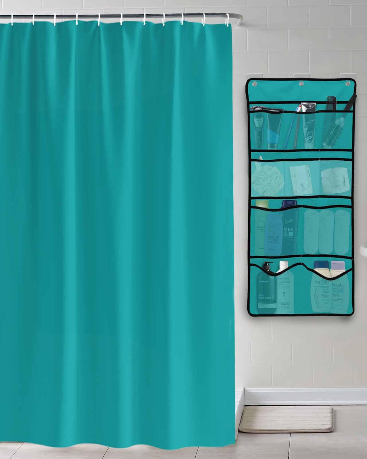 Shower Curtain Mesh Shower Organizer Hanging Set Solid Color Turquoise Waterproof Shower Curtains with 10 Pockets Quick Dry