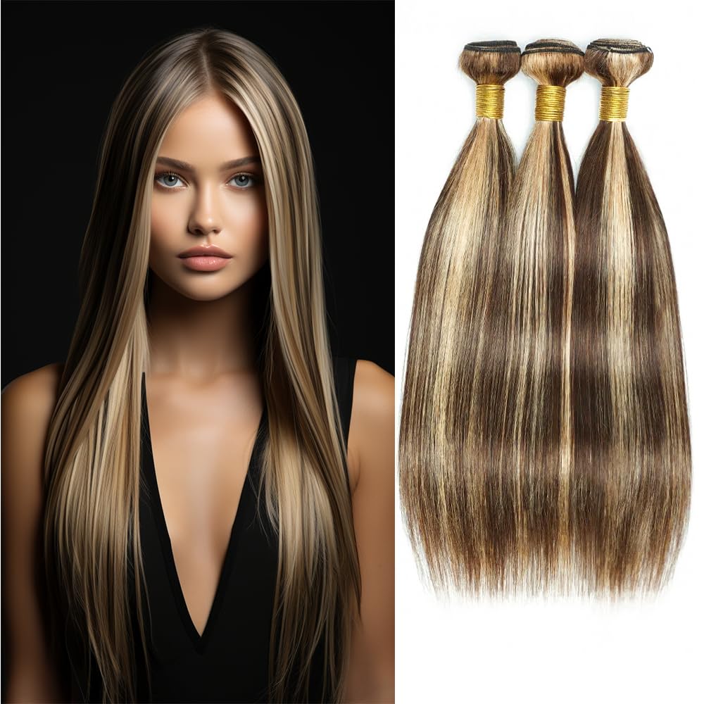 P4/613 Highlight Blonde Straight Human Hair Bundles Double Weft Brazilian Hair Extensions Ombre Two Tone Brown Mixed With Blonde Bundles for Black