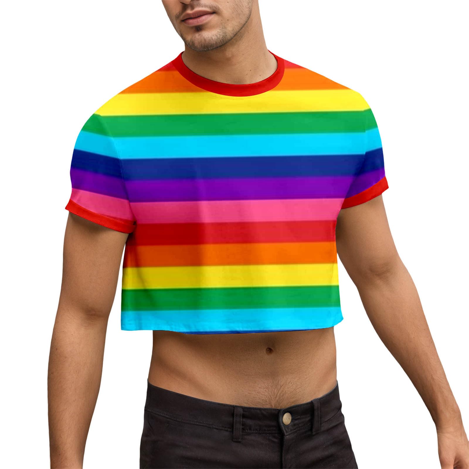 LGBTQ T-shirt arc-en-ciel sexy pour homme T-shirt gay drôle Crop Top Rayures Col rond Manches courtes Haut court LGBTQ Vêtements Arc-en-ciel T-shirts à rayures Crop Tops LGBT Pride Shirt