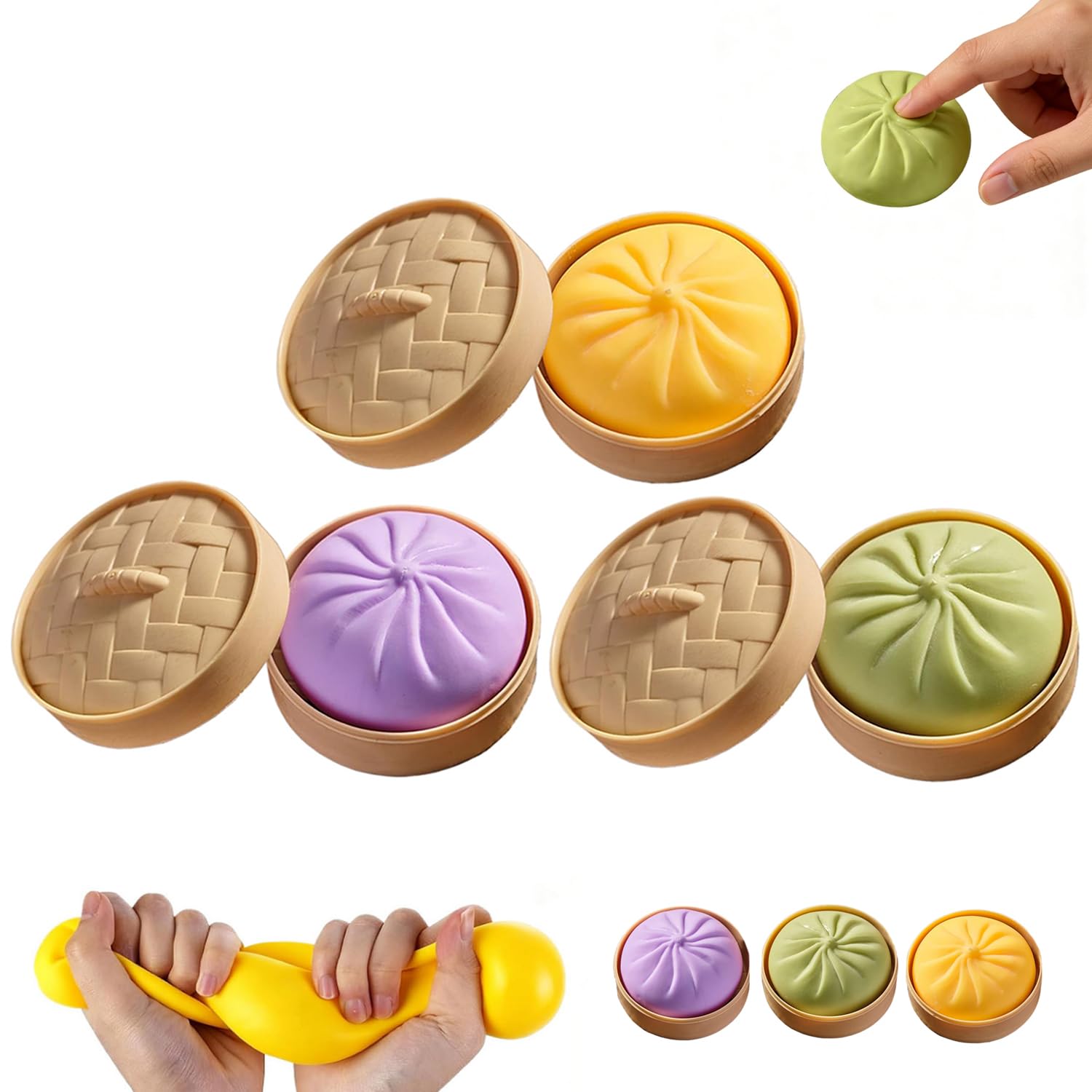 Bollo Antiestrés con Vaporera, 3 Piezas Juguete para apretar sensorial con Bollo Gigante al Vapor, Gigante Squishy Dumpling Juguete, Juguete para Apretars con Bola De Masa, para aliviar la ansiedad