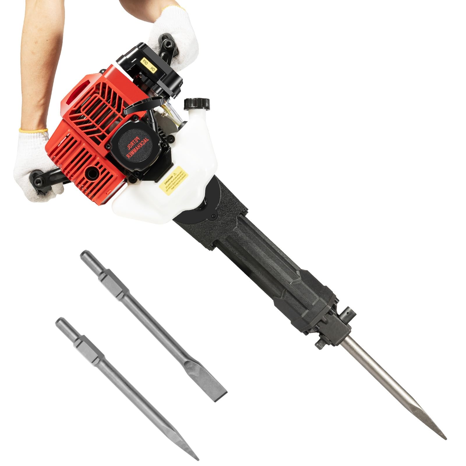 Charocean 2-Stroke Petrol Demolition Hammer 52CC 1900W Concrete Breaker 1500BPM Jack Hammer with 20-55J Impact for Rock and Concrete, Low Noise, Hand Pull Start, Includes Point & Flat Chisels