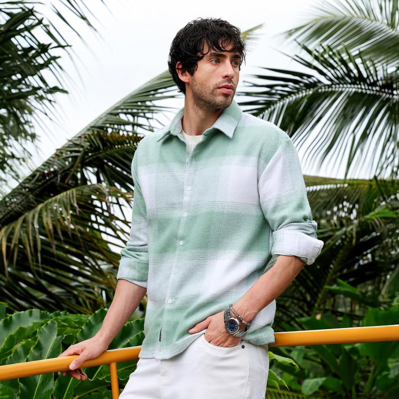 Image of CAHOOT Men Shirt | Spread Collar, Long Single-Button Cuff Sleeves | Button, Straight Hem | Plaid Twill | Woven Fabric for Casual Light Pistachio:Cream White