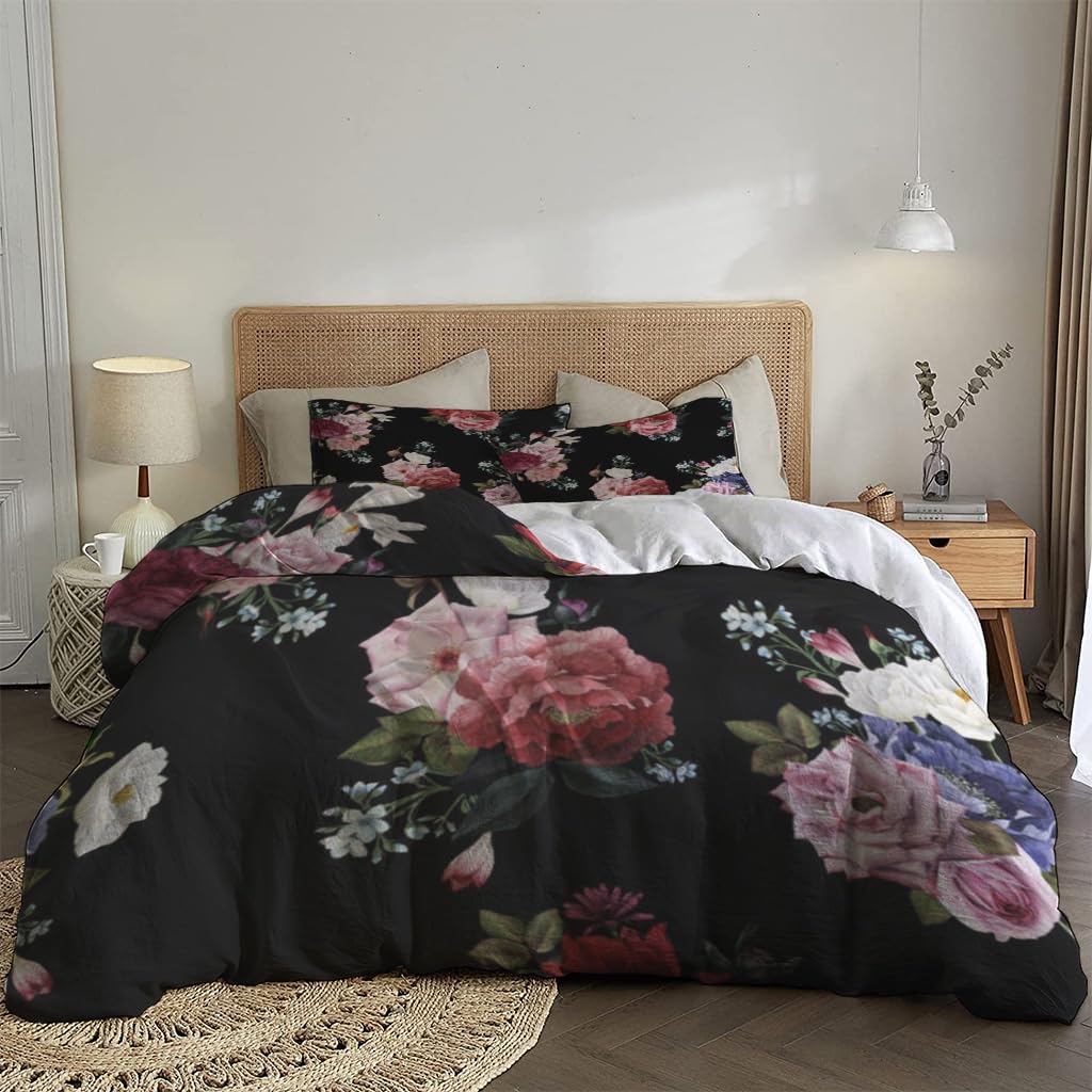 NIBAINLO 布団カバー水彩画の花柄模様(花付き) 肌に優しい ピーチスキン加工 掛け布団カバー 和式 洋式 あったか 布団カバーセット リバーシブル ホームステイ ホテル 家庭兼用