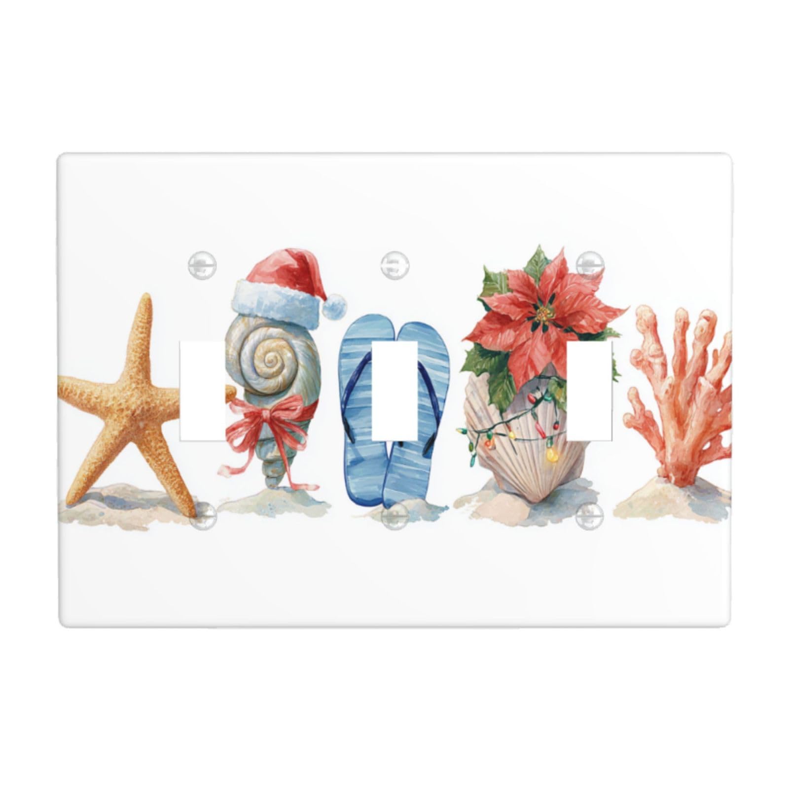 Large Starfish Seashell with Santa Hat Light Switch Covers 3 Gang Triple Toggle Wall Plate Switchplate Electrical Faceplate for Bathroom Kitchen Bedroom Decor