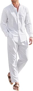 Linen Sets For Men 2 Piece Button Down Shirt Long Sleeve And Casual Beach Drawstring Waist Pants Summer Outfits