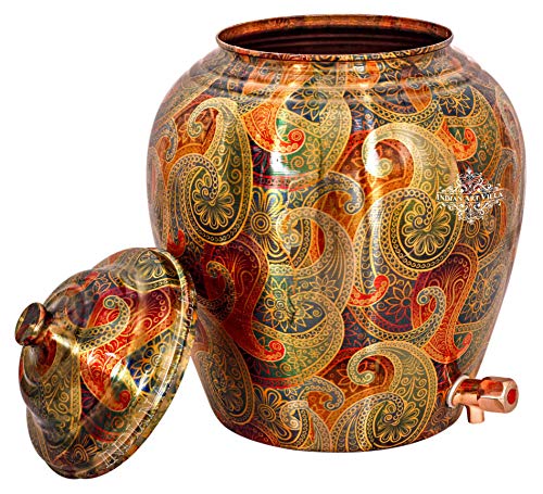 Image of Indian Art Villa Printed Paisley Design Copper Water Dispenser Pot Matka, Stoarage, Home Garden, 6 LTR