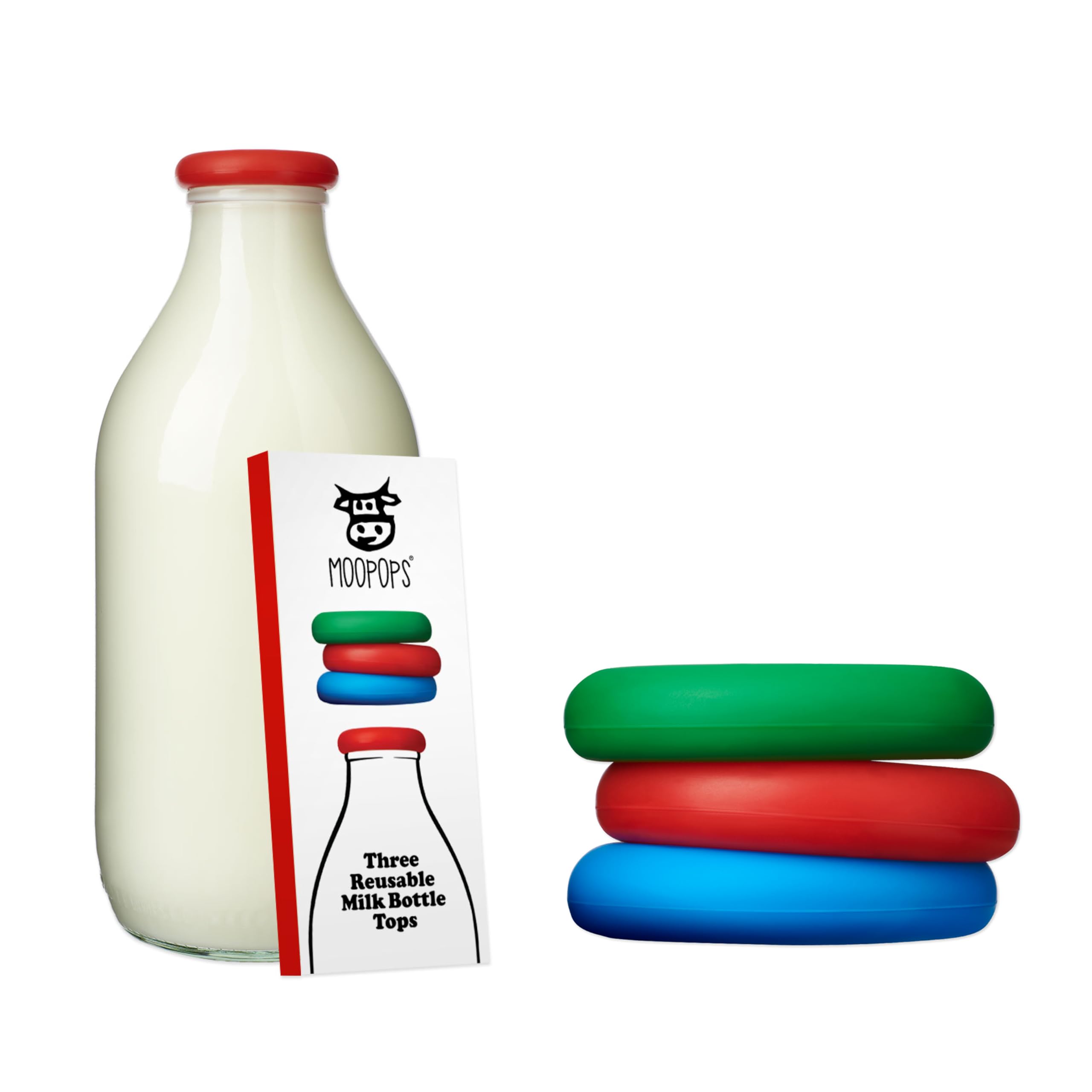 (Classic) Mixed 3 pack of reusable silicone tops specifically designed to fit standard UK one pint glass milk bottles.