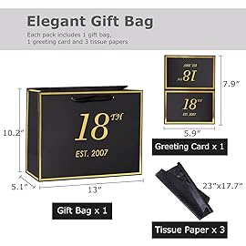 momoake 18th Birthday Gift Bag with Card and Tissue Paper for Boys Men Women, 2007 18 Year Old 13 Elegant Black Gold Anniversary Keepsake Party Present Shopping Paper Bags for Gifts Wrapping