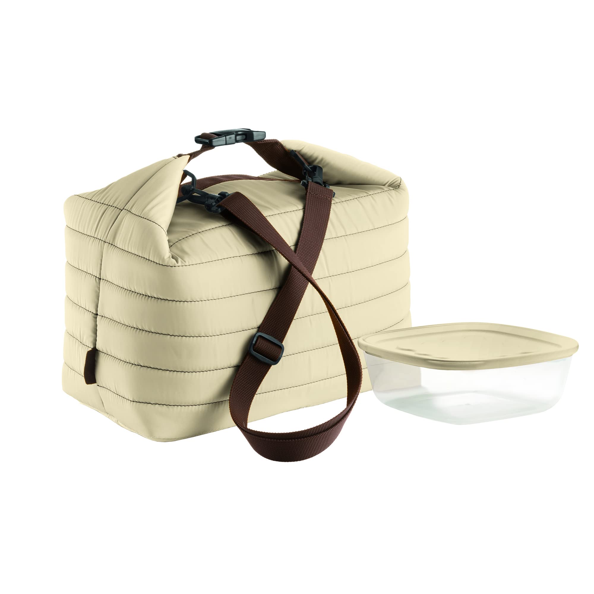 Guzzini Borsa Termica Grande con Tracolla On The Go, Argilla, Borsa 30 x 18 x h30 cm, Contenitore 19.6 x 19.6 x h7 cm, 1400 cc