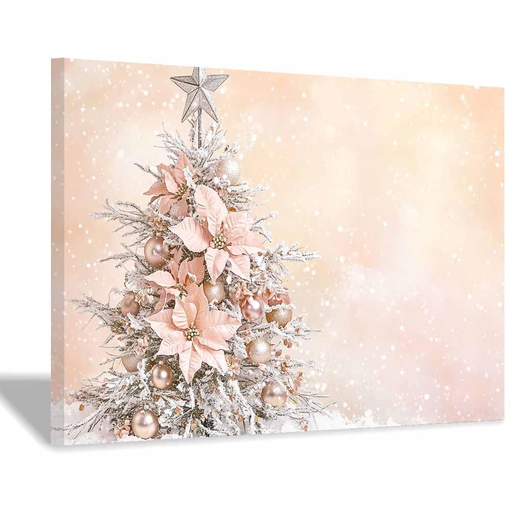 QUSAAOU Art Wall Decor Frostiger Baum mit rosafarbenen Weihnachtssternen Wanddeko Bild Schlafzimmer KüChe Deko Wandbilder Dekoration Wohnzimmer Wall Decor Canvas Wand Kunstdruck(Pink)-40x60cm Gerahmt