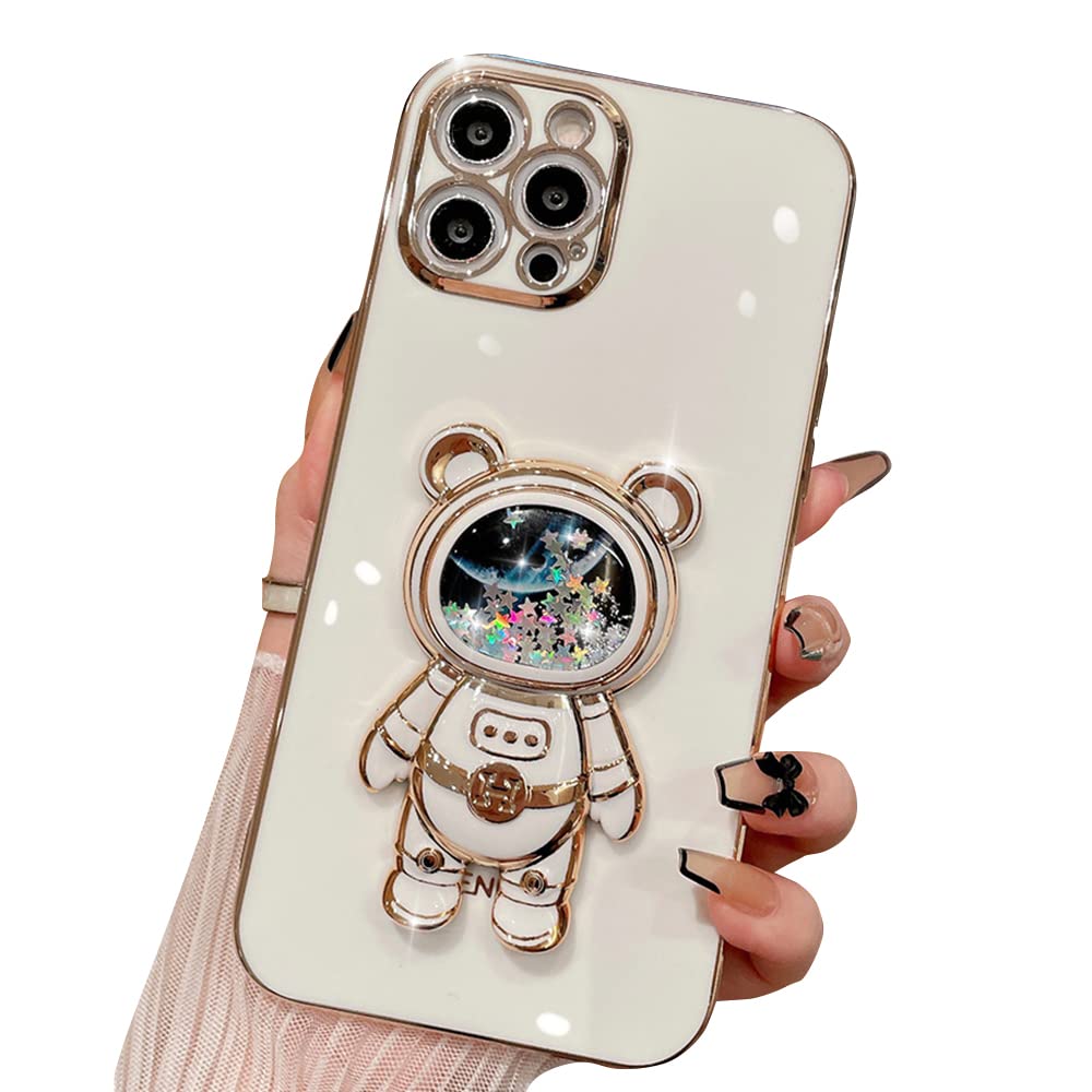 Casechics Compatible with iPhone Case,Cute Astronauts Glitter Sparkle Bling Liquid Quicksand Electroplated Holder Kickstand Stand Shockproof Cover