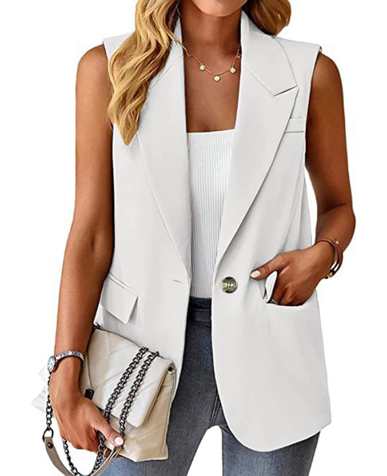 MINTLIMIT Womens Sleeveless Blazer Vest Casual Button Front Lightweight Jacket Summer Work Office Blazers with Pcokets