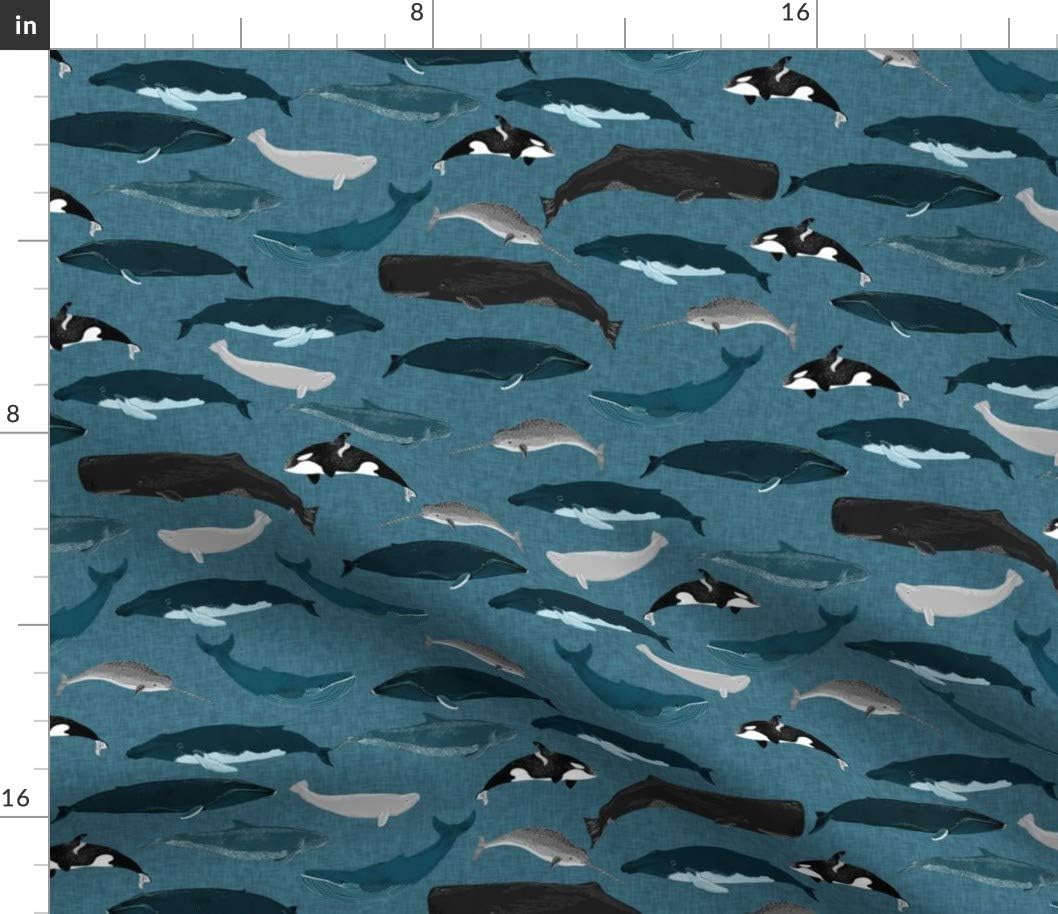 Spoonflower Fabric - Whale Whales Ocean Sea Creature Pod Beluga Narwhal Blue Nautical Printed on Petal Signature Cotton Fabric by The Yard - Sewing Quilting Apparel Crafts Decor