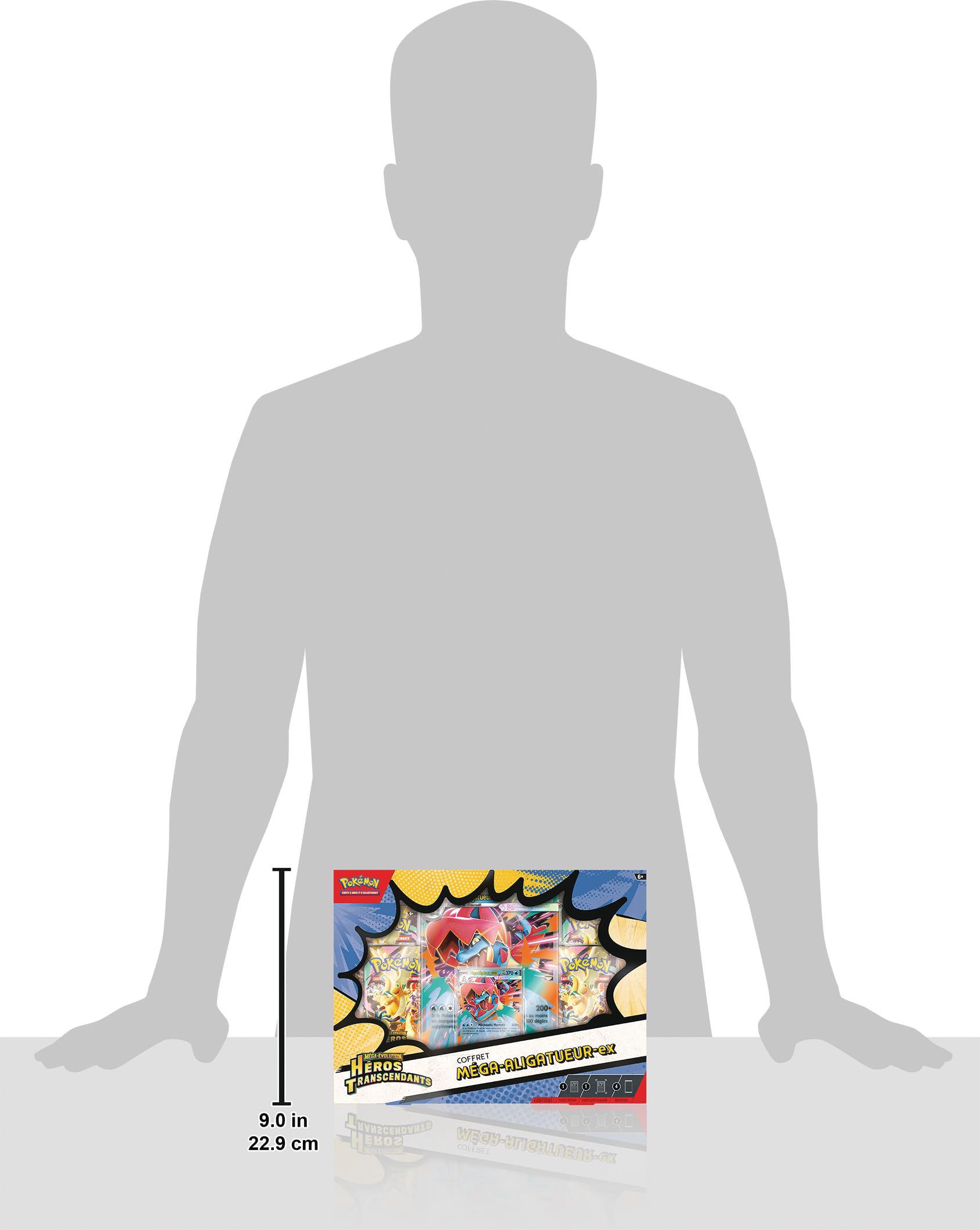 Pokémon : Coffret Méga-Évolution – Héros Transcendants – Méga-Aligatueur-ex (1 Carte Promo Brillante, 1 Carte Grand Format lenticulaire et 4 boosters)