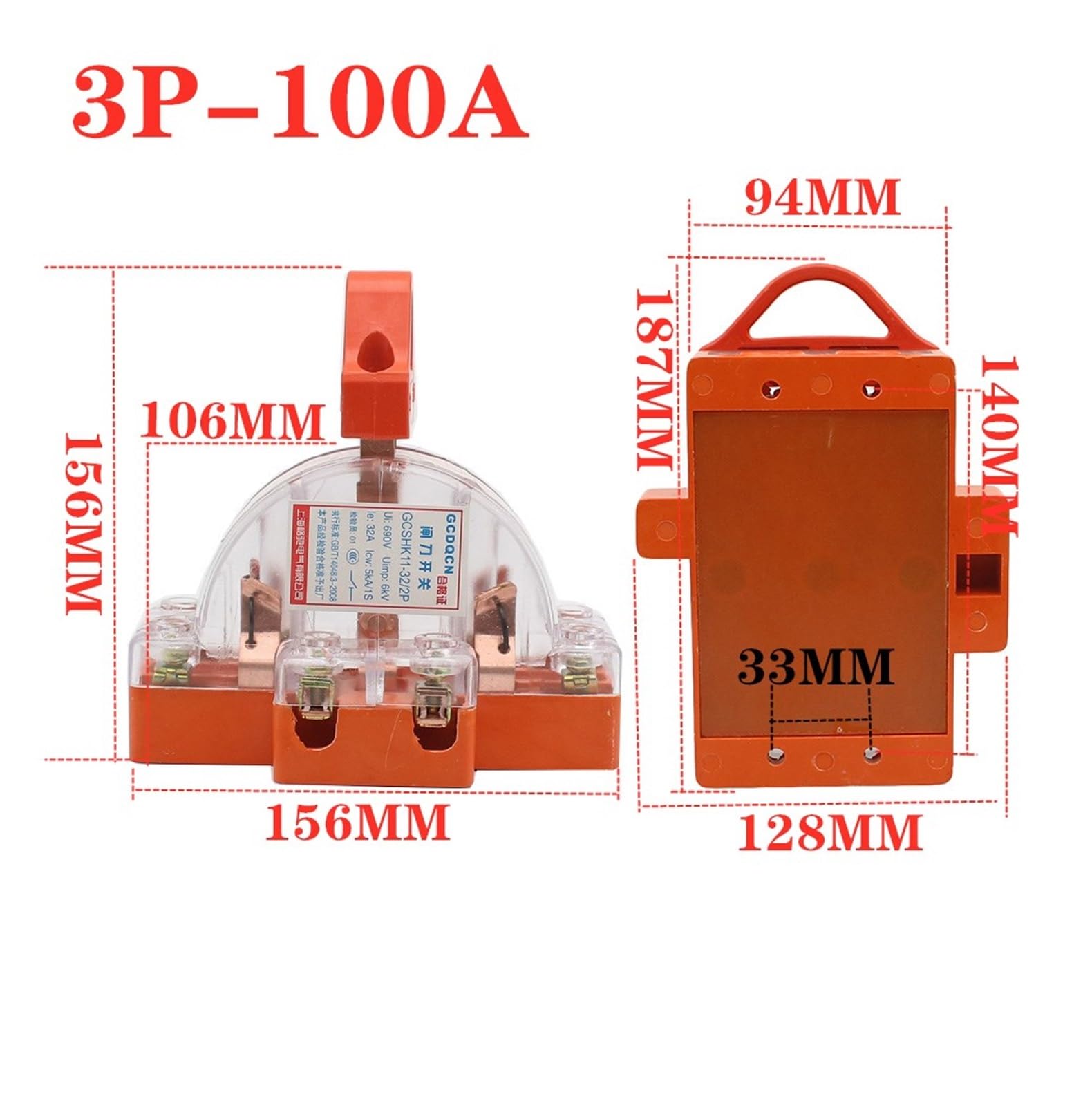 Wtukmo 3P knife switch 32A 63A 100A 160A 225A two-phase knife switch high power 220V double throw Disconnector(Transparent 3P 100A)