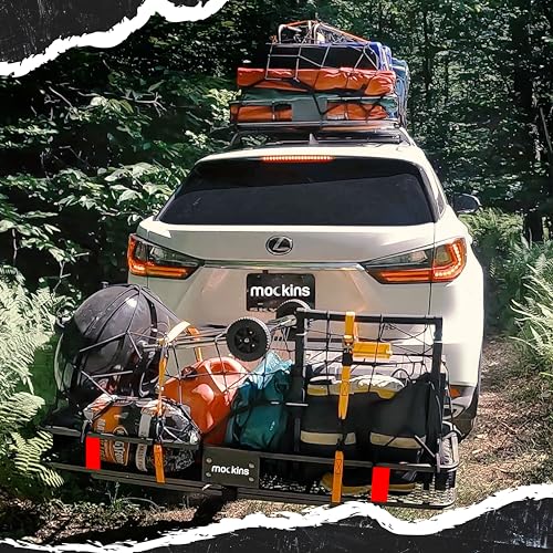 Image of Mockins Folding Luggage Rack for SUV Car Truck ATV & More | 500 lb. Capacity Steel Trailer Hitch Cargo Carrier 60 inchx20 inchx6 inch with Cargo Carrier Hitch Mount Accessories