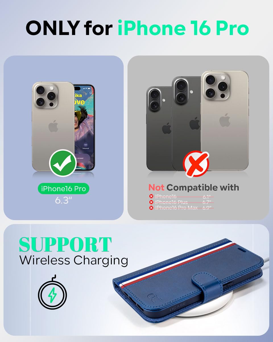 OCASE for iPhone 16 Pro Case, PU Leather Wallet, Magnetic Flip Folio Cover with RFID Blocking, Card Holders, Shockproof TPU - Image 2