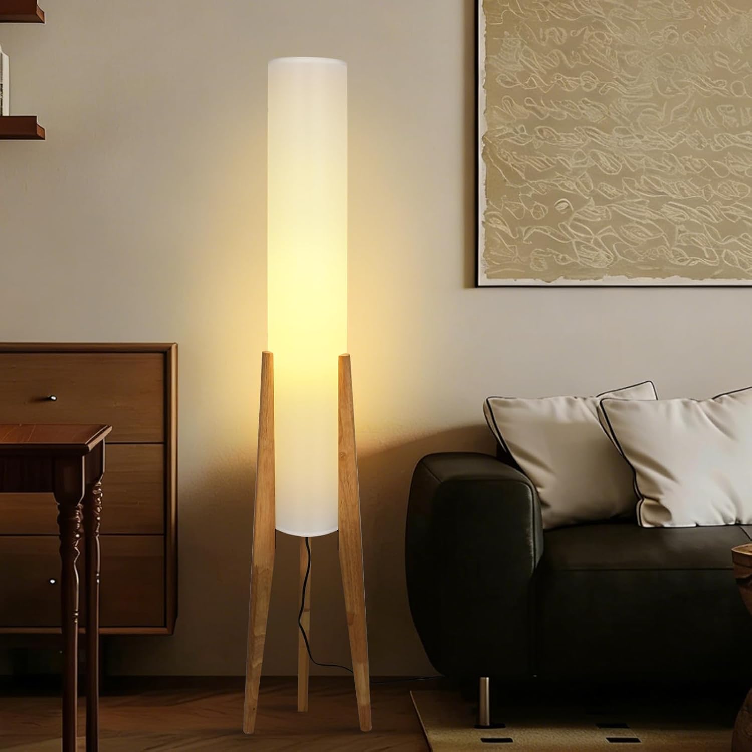 Wabi-sabi 50.4" Wooden Tripod Floor Lamp Linen Floor Light Round Fabric Tall Lamp with E26 Dimmable Wood Standing Light for Living Room Bedroom Study Sofa Area Tea Room