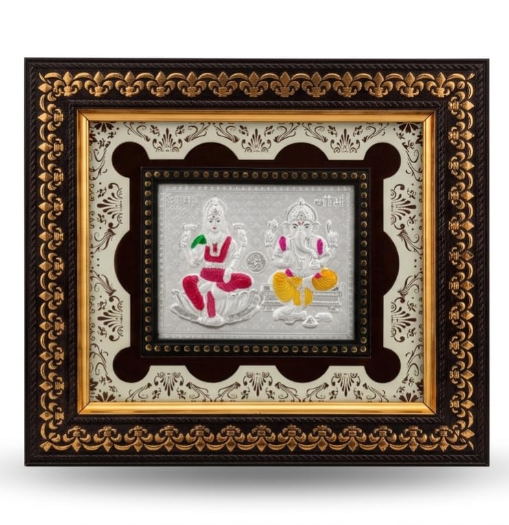 Silver-Plated Lakshmi Ganesha Framed Artwork | Hand-Finished Artwork, Gilded Wood Frame-image-0