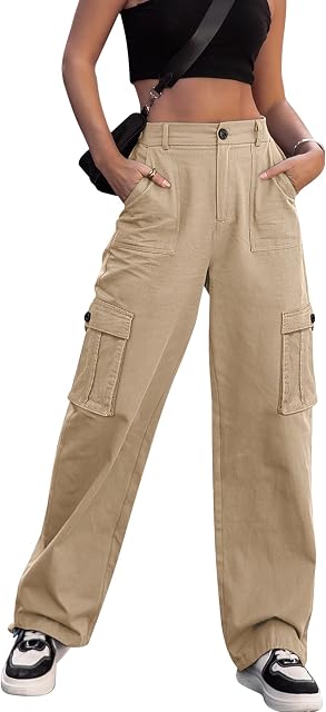 Dordanity Y2K Cargohose dla kobiet - spodnie z wysokim stanem, szerokimi nogawkami i 6 kieszeniami - dostępne w rozmiarach S/M/L/XL(Khaki,M)