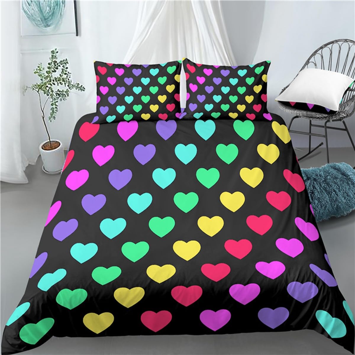 Housse de couette cœur multicolore 140x200 pour illuminer la décoration d'une chambre d'ado