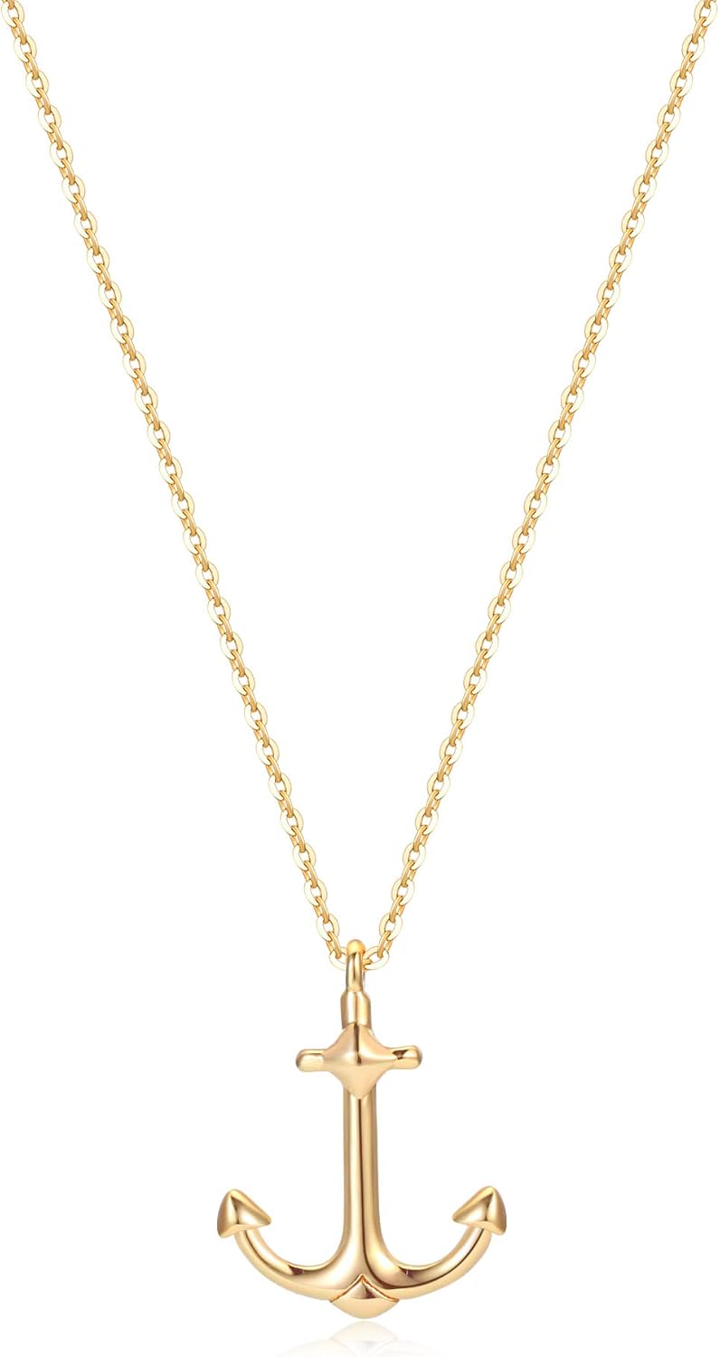 MEVECCO Gold Dainty Anchor Pendant Necklace,14K Gold Plated Cute Horizontal Hammered Necklace for Women