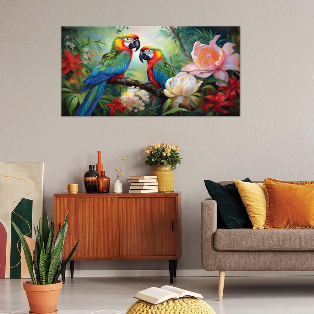 Feeby Leinwand Bilder - Bild Wohnzimmer - Bunte tropische Dschungelpapageien - 120x60 1tlg - Deko Schlafzimmer Groß - Dekoration Canvas - Gemälde - Modern Wandbilder - Kunstdruck