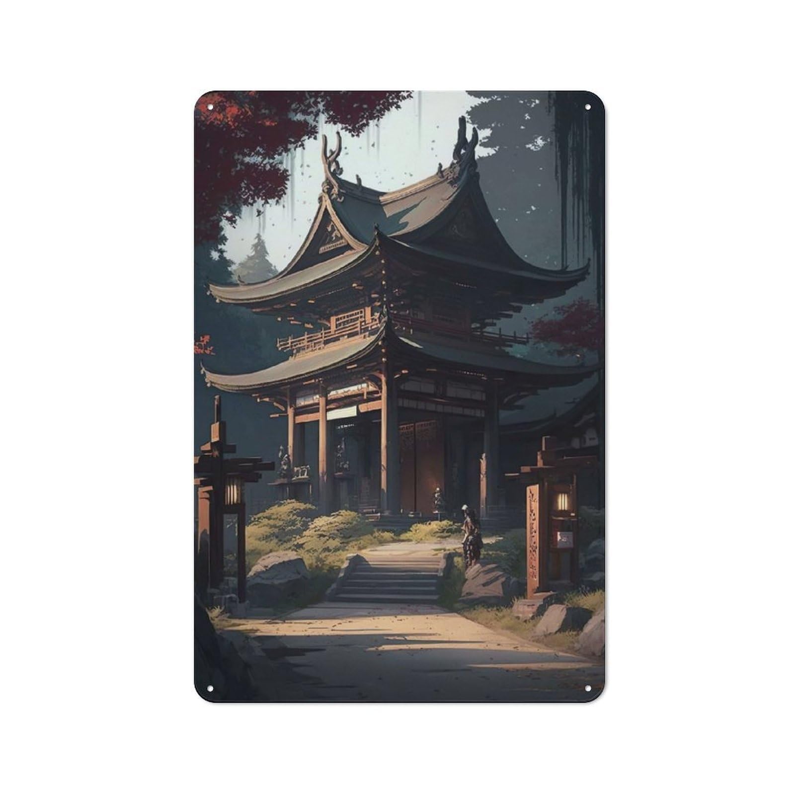 Junmoney Pagoda At Day Tin Wall Sign With Design 30X20cm, Classic Bistro Wall Plaque For Bakery, Diner, Cafe Or Family Room