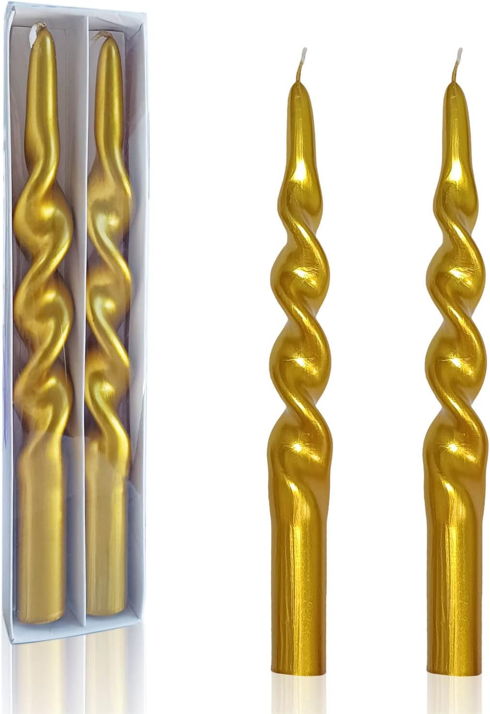FCMSHAMD Handmade Spiral Taper Candles - 25cm Dripless Twisted Candle Sticks for Wedding Dinner Party Decoration - Set of 2 (Golden)