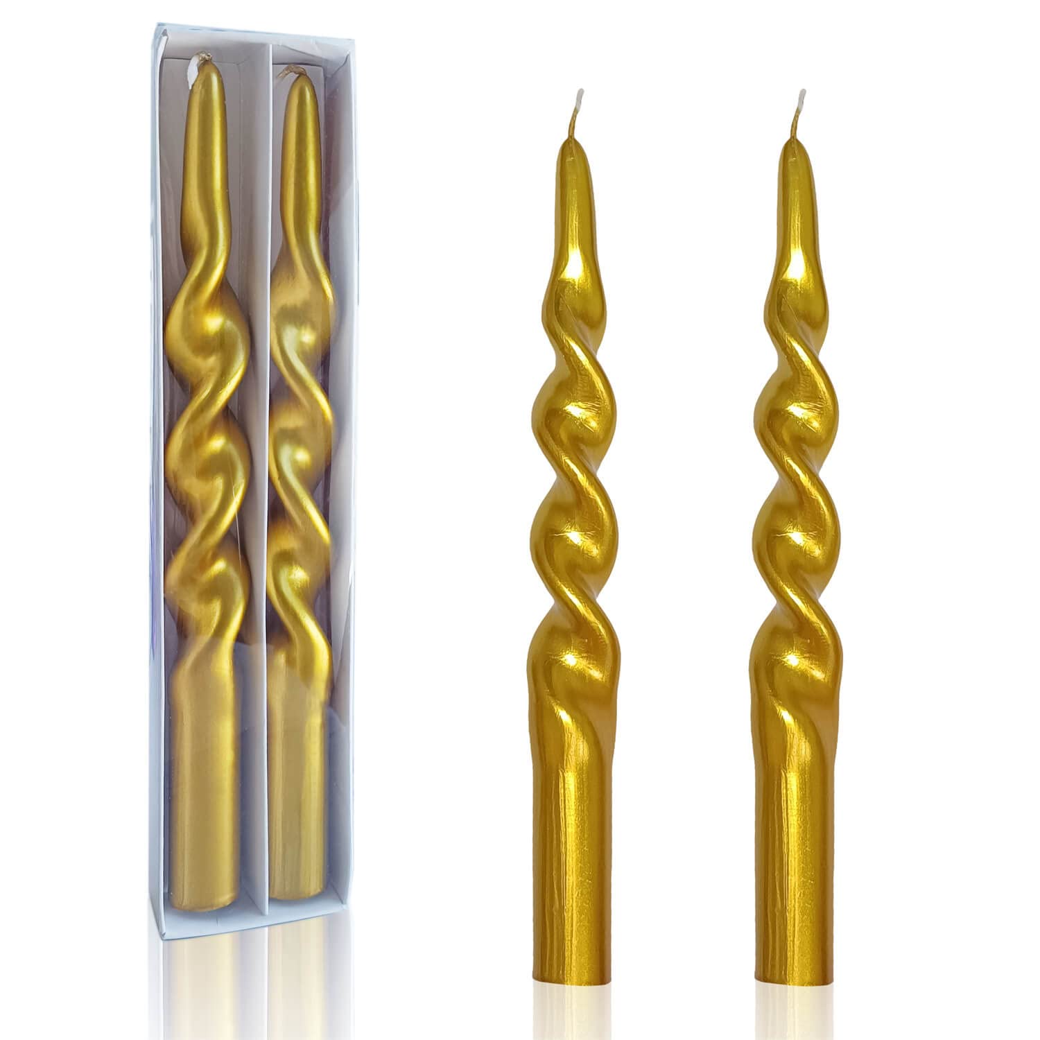 FCMSHAMD Handmade Spiral Taper Candles - 25cm Dripless Twisted Candle Sticks for Wedding Dinner Party Decoration - Set of 2 (Golden)