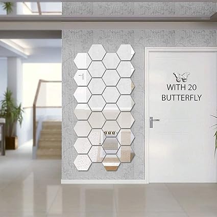 Bikri Kendra - Hexagon 18 Silver with 20 Butterfly Silver 3D Mirror Wall Stickers